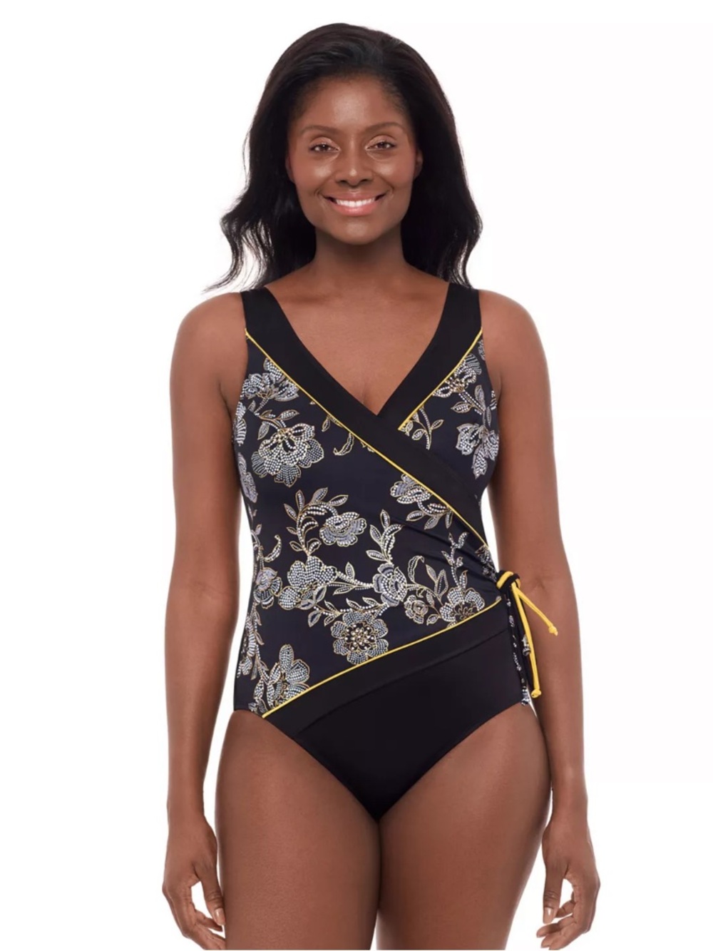 Floral Wrap One-Piece Swimsuit in Black with Yellow Trim